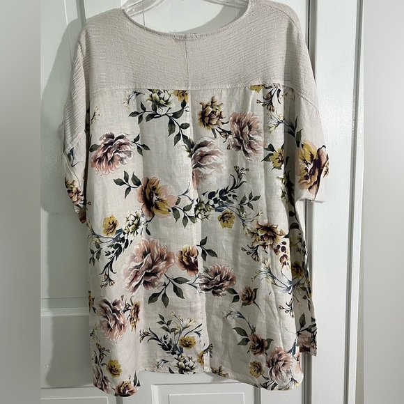 Lungo L'arno Floral Linen Tunic Top Natural Italy Boho Botanical Womans 2X Plus - Picture 5 of 12